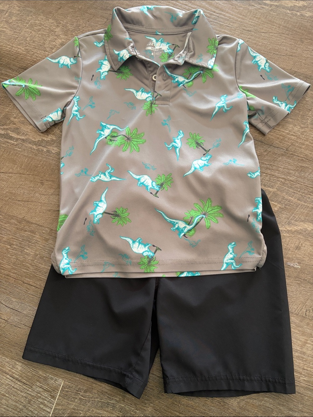 bcg Toddler Grey Dino Polo Set with Black Shorts